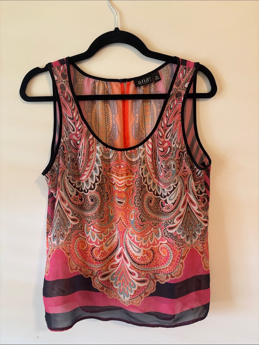 Ana Pink Paisley Print Sheer Tank with Black Trim